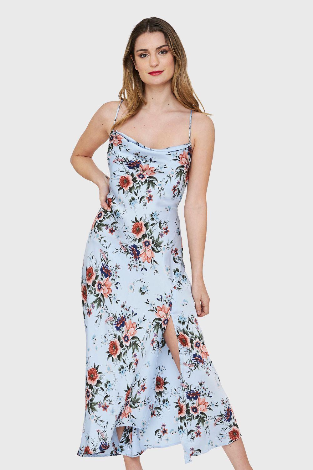 Vestido Tipo Satín Tajo Floral Celeste Nicopoly-4
