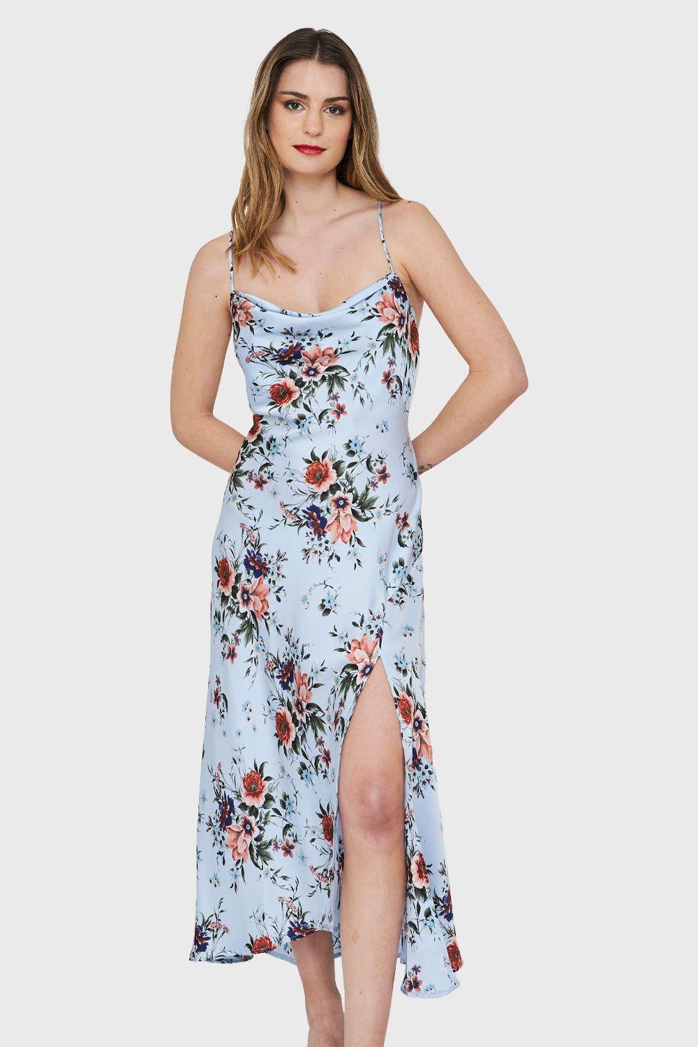 Vestido Tipo Satín Tajo Floral Celeste Nicopoly-0