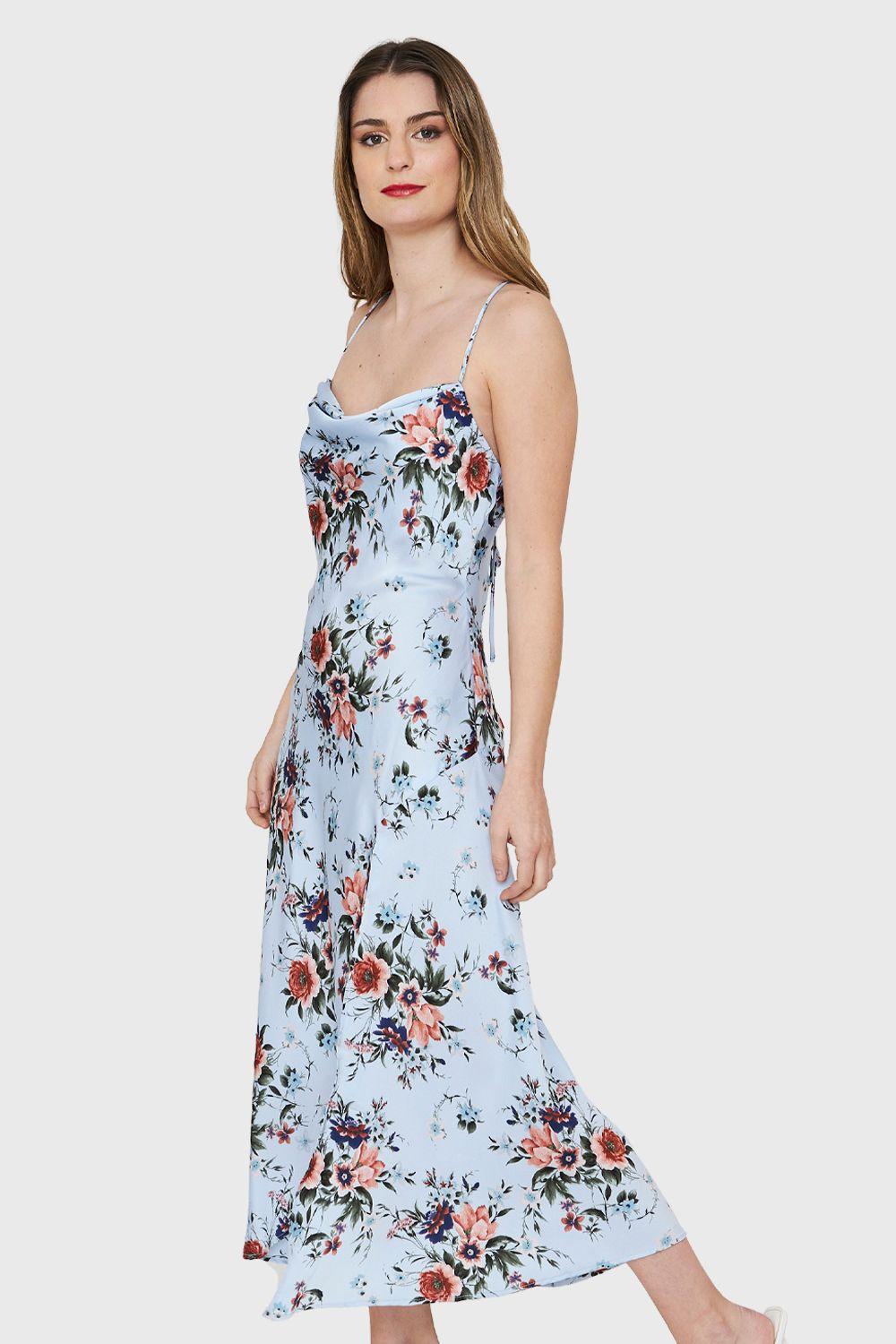 Vestido Tipo Satín Tajo Floral Celeste Nicopoly-2