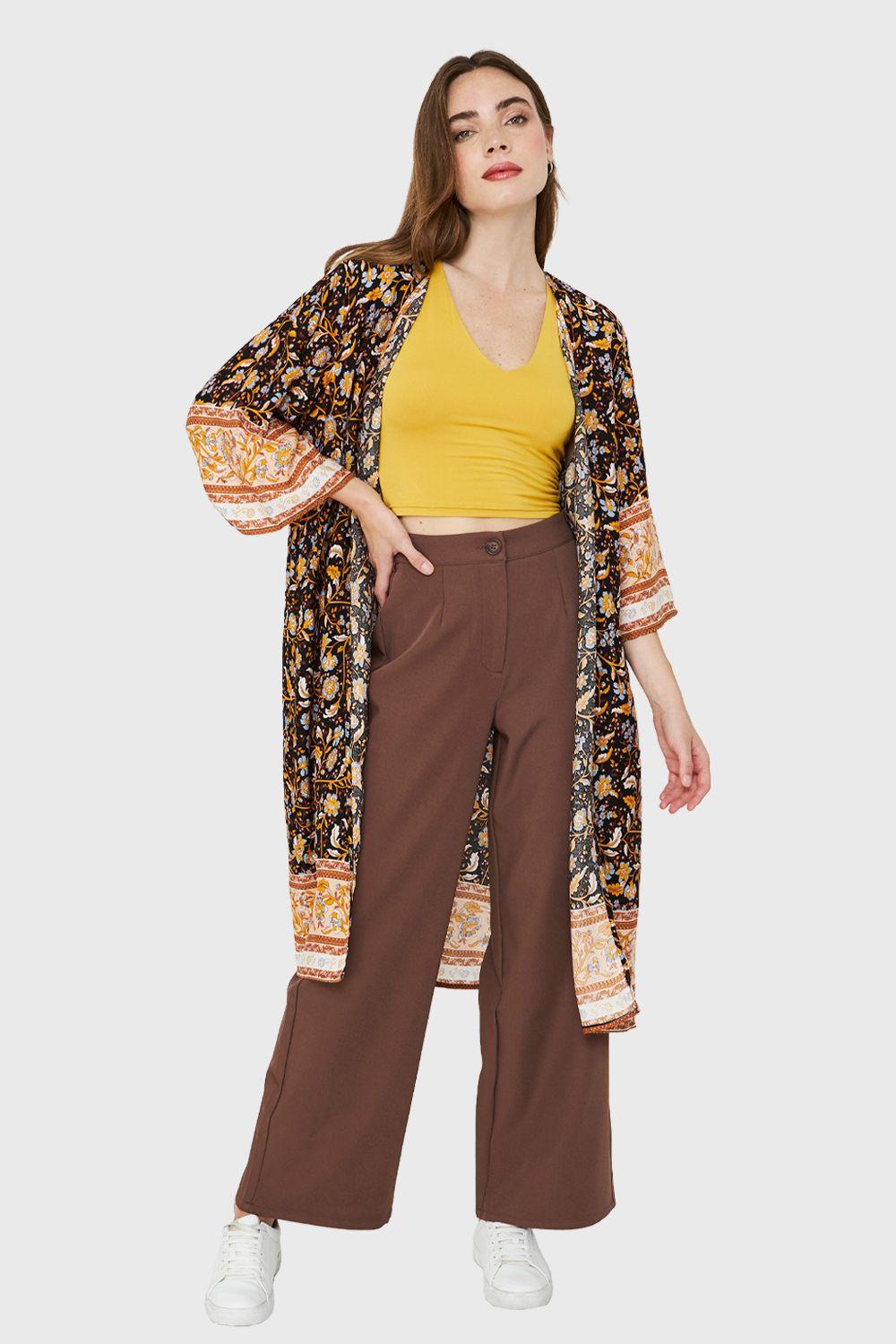 Kimono Largo Flores Negro Nicopoly-1