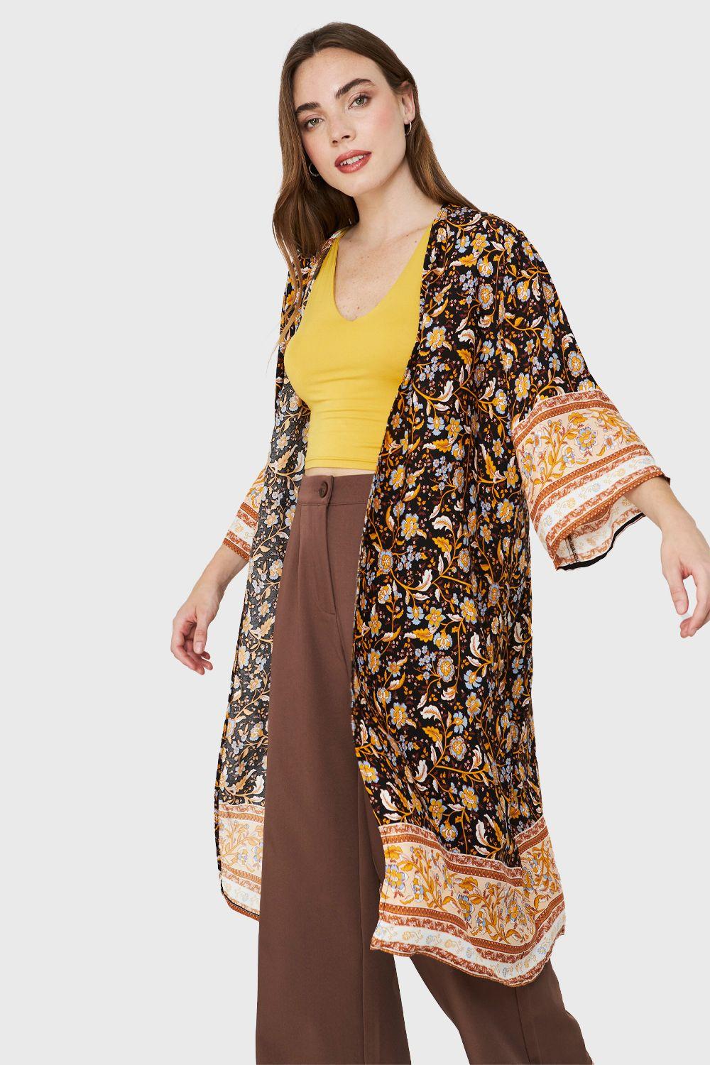 Kimono Largo Flores Negro Nicopoly-4