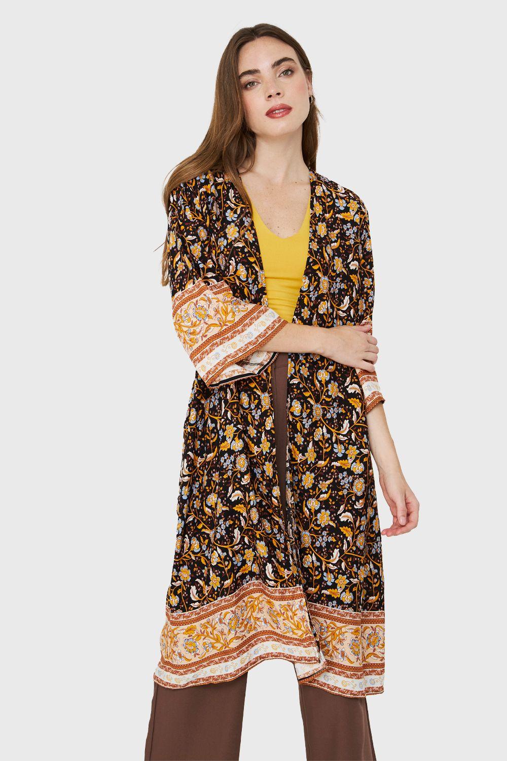 Kimono Largo Flores Negro Nicopoly-0