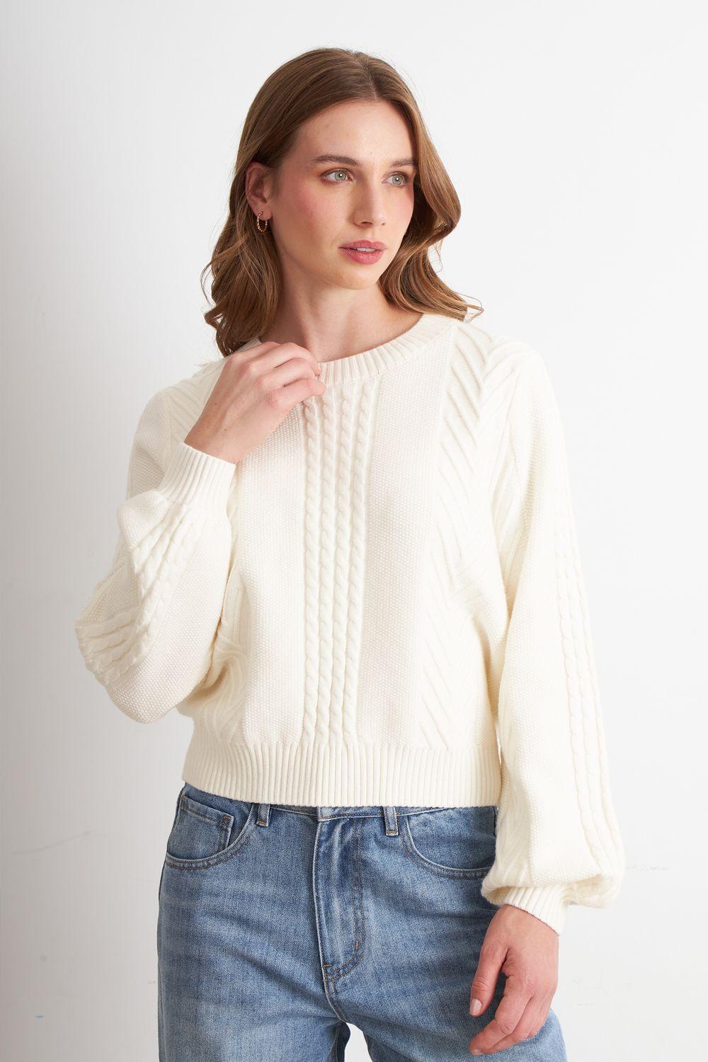 Sweater Trenzado Cuello Redondo Blanco Nicopoly-0