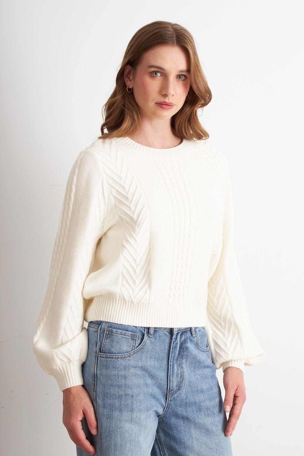 Sweater Trenzado Cuello Redondo Blanco Nicopoly-2
