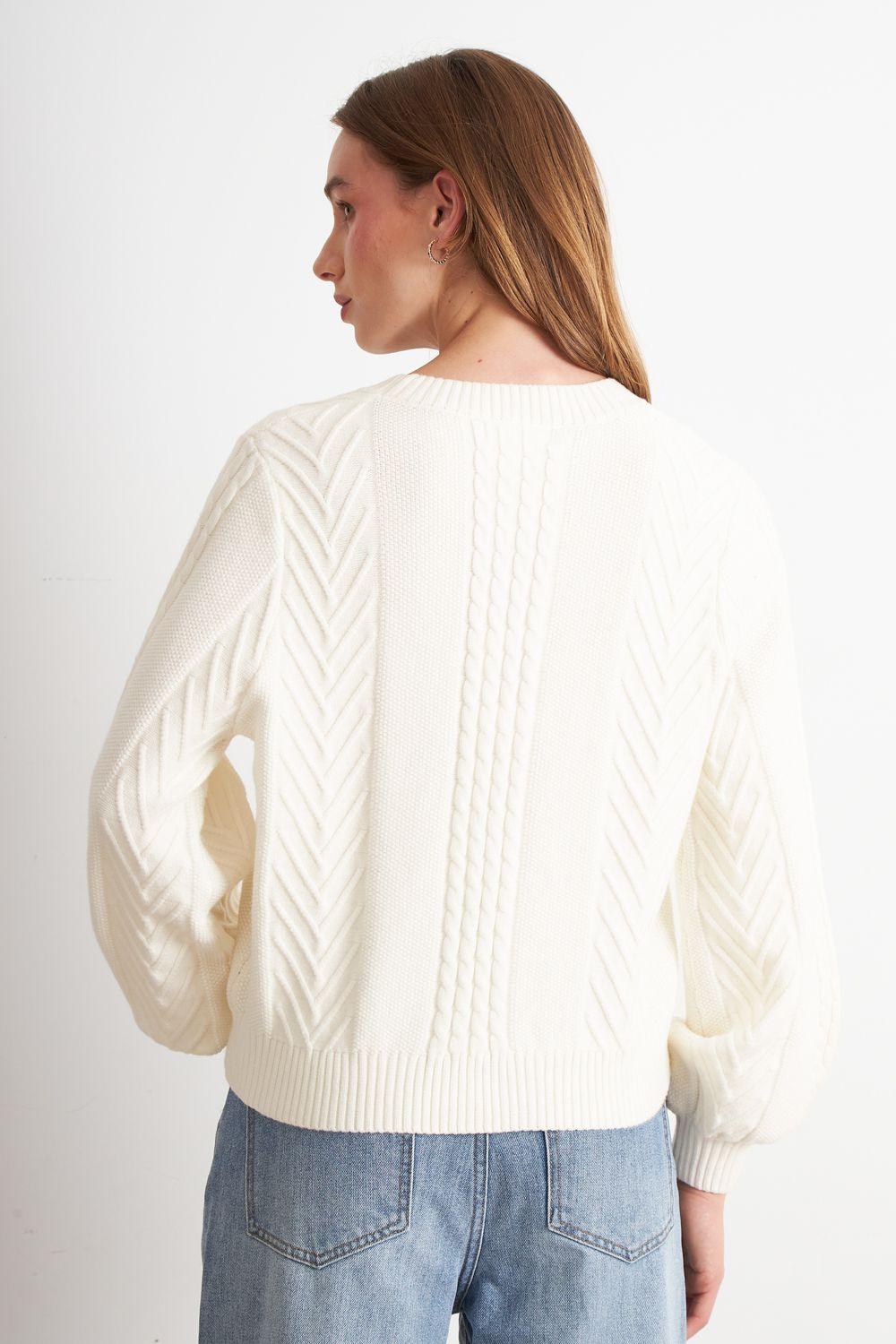 Sweater Trenzado Cuello Redondo Blanco Nicopoly-3