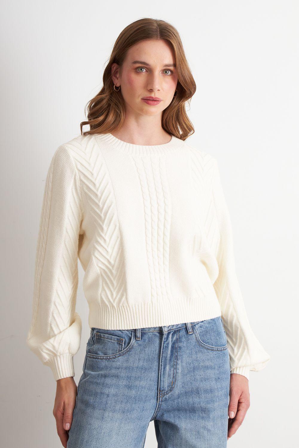 Sweater Trenzado Cuello Redondo Blanco Nicopoly-4