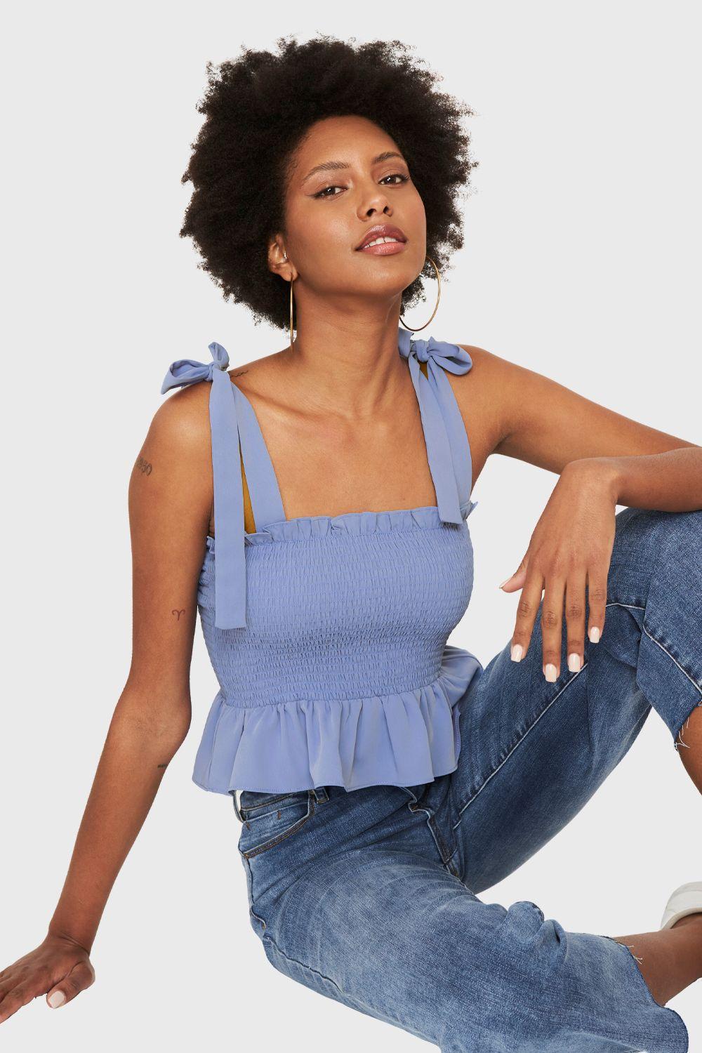 Crop Top Fruncido Azul Lavanda Nicopoly-0