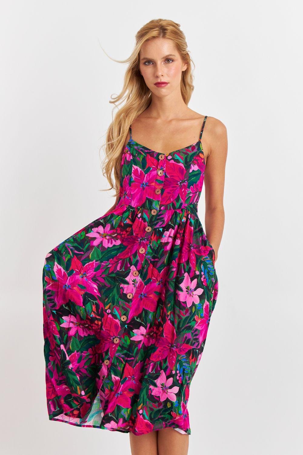 Vestido Floreado Botones Delanteros Fucsia Nicopoly-0