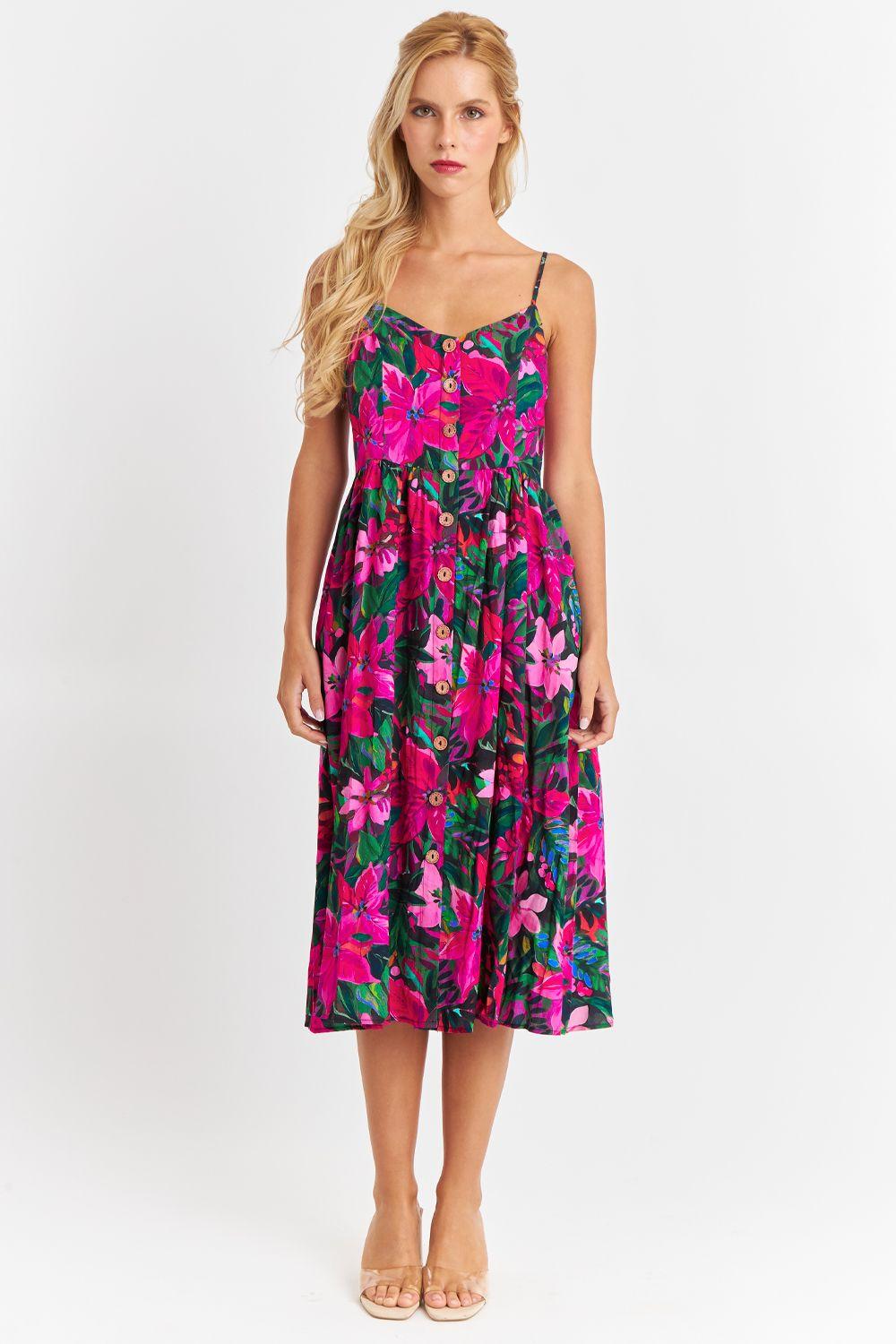 Vestido Floreado Botones Delanteros Fucsia Nicopoly-1