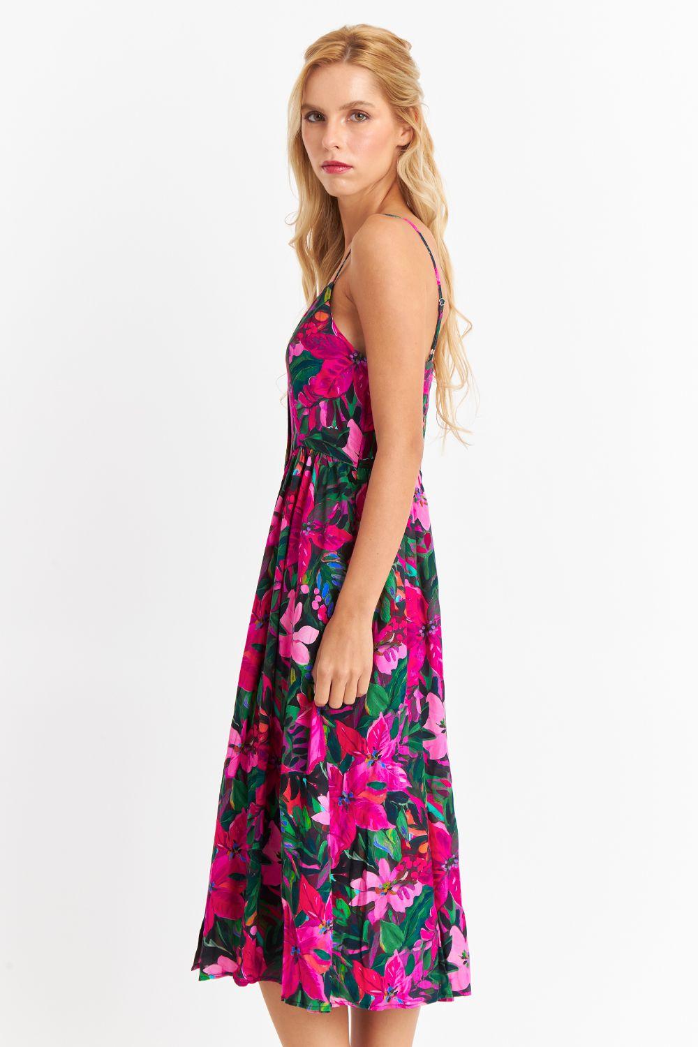 Vestido Floreado Botones Delanteros Fucsia Nicopoly-2