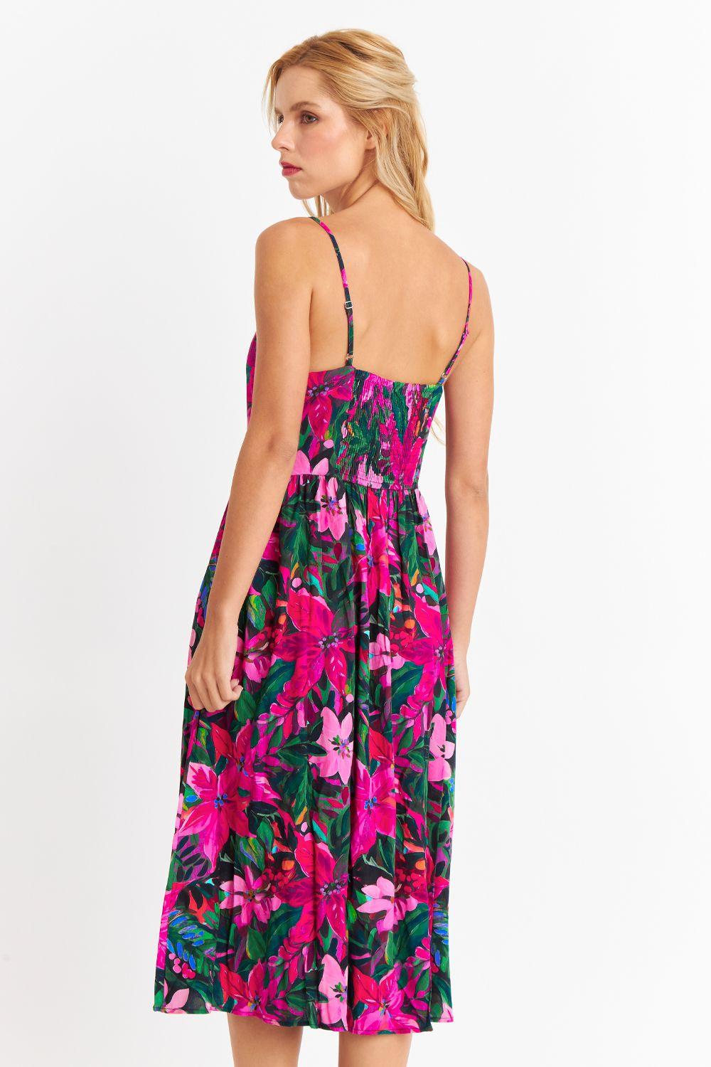 Vestido Floreado Botones Delanteros Fucsia Nicopoly-3