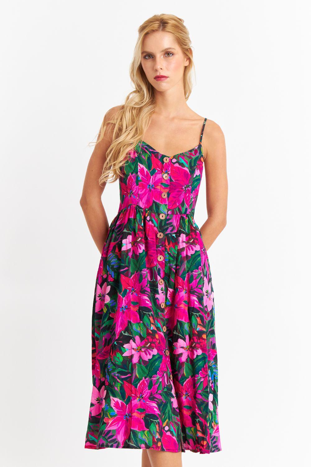 Vestido Floreado Botones Delanteros Fucsia Nicopoly-4