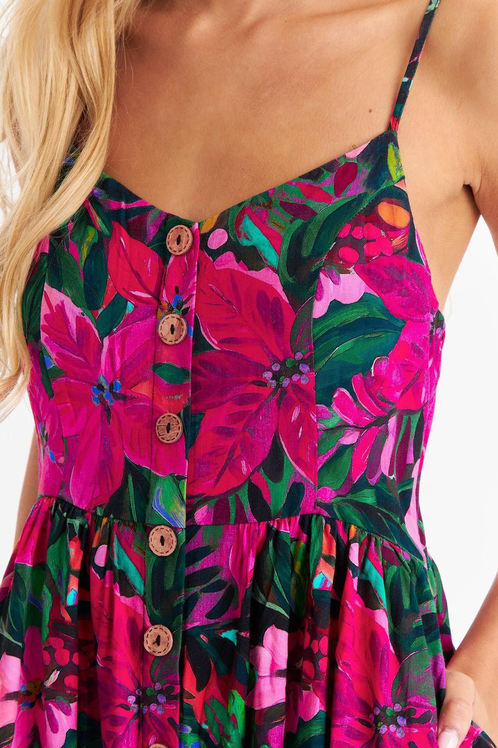 Vestido Floreado Botones Delanteros Fucsia Nicopoly-5