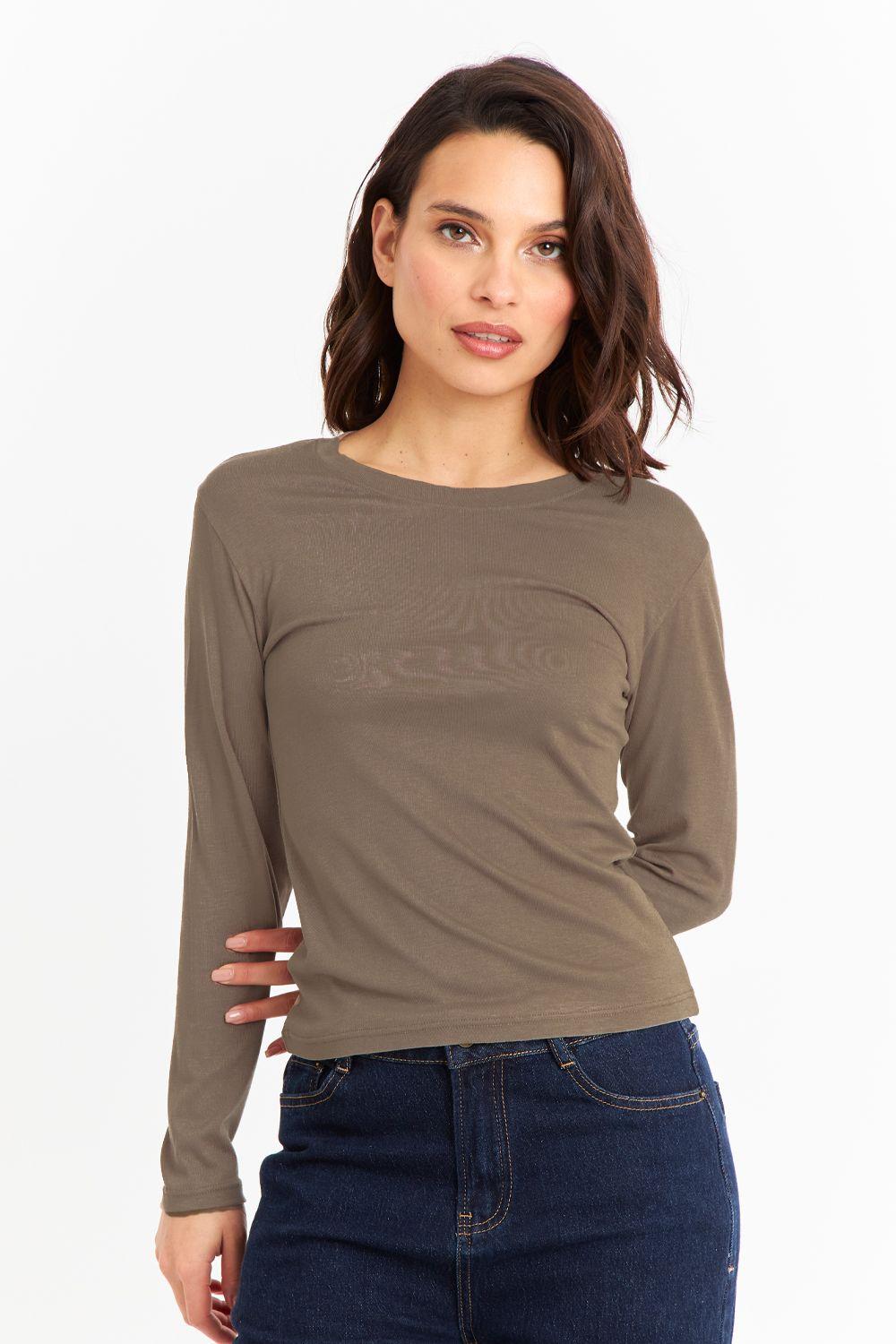 Polera Manga Larga Cuello Redondo Khaki-4