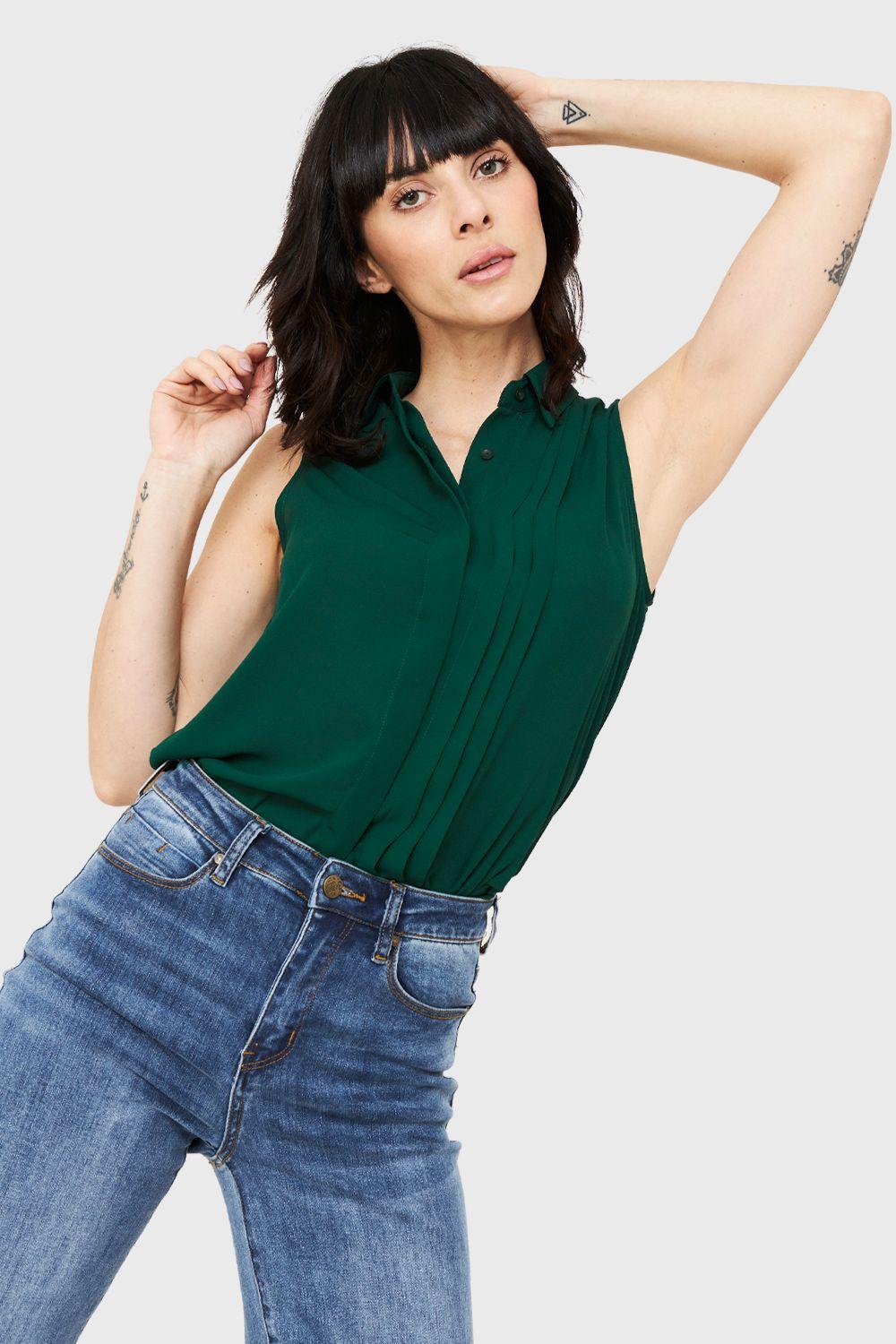 Blusa Sin Mangas Pliegues Verde Nicopoly-4