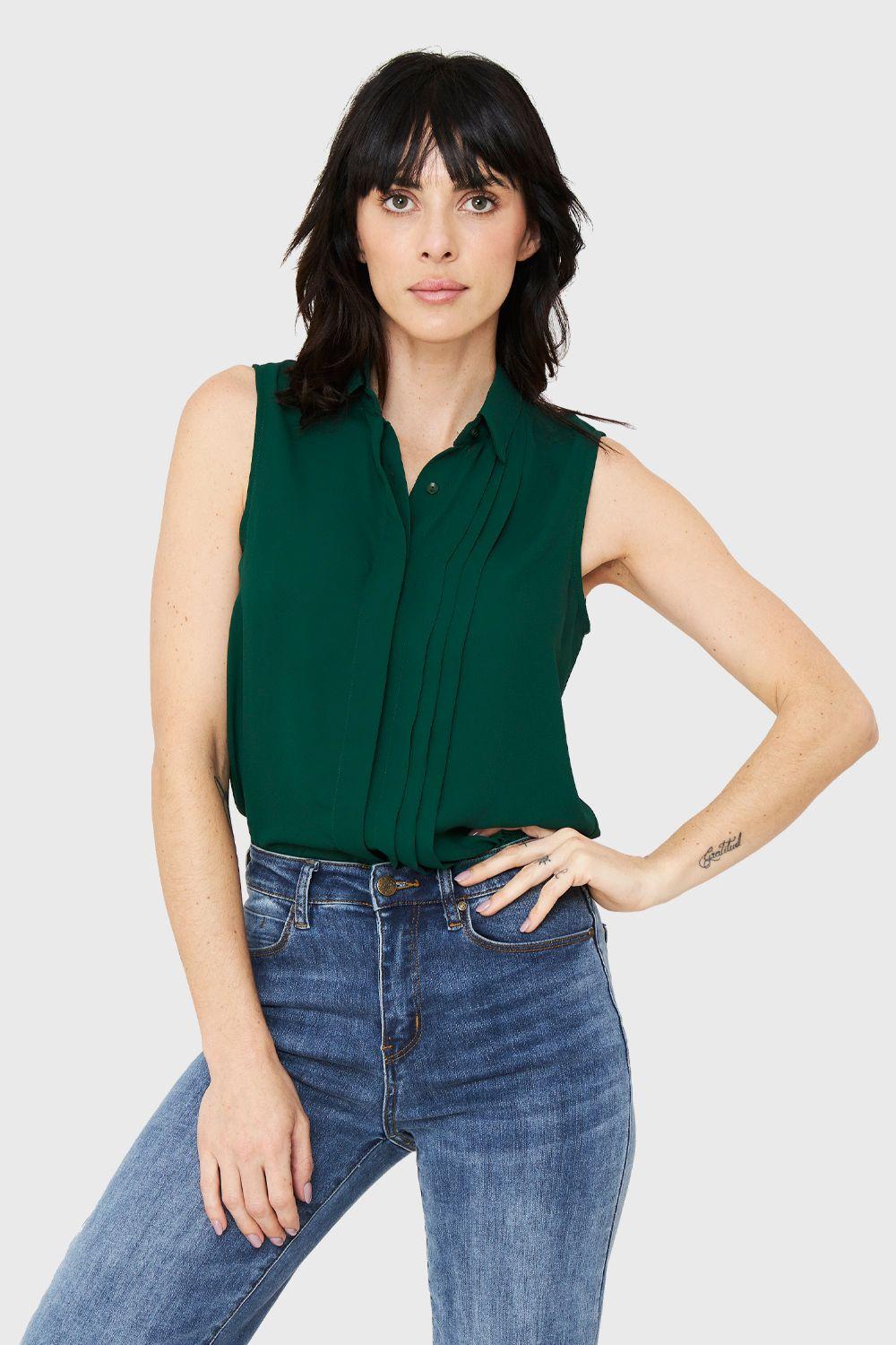 Blusa Sin Mangas Pliegues Verde Nicopoly-0