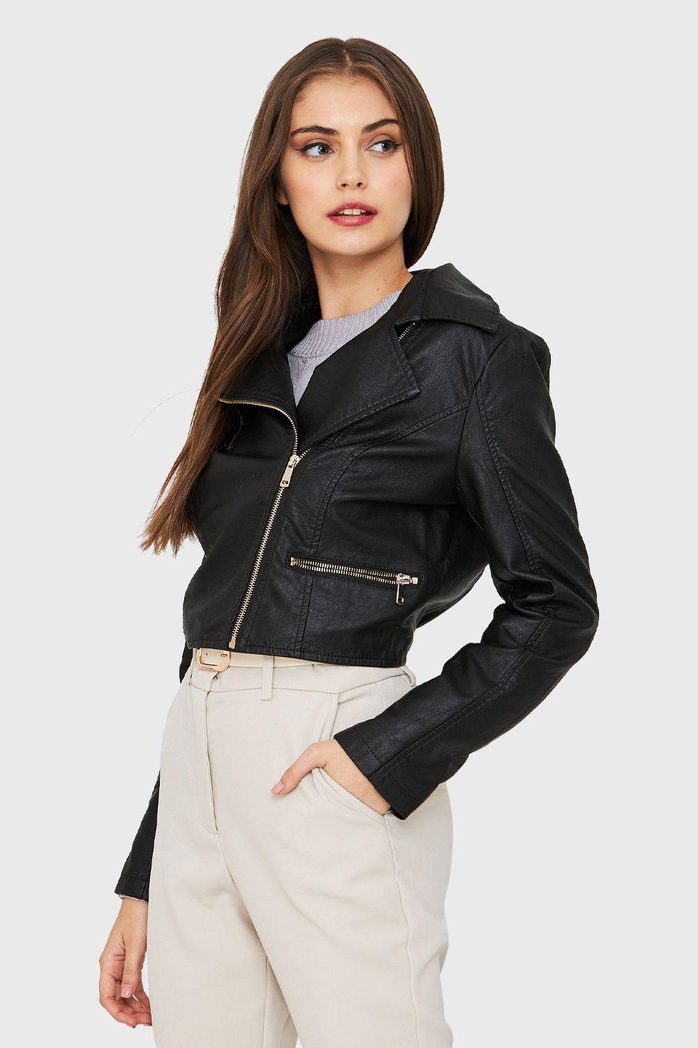 Chaqueta Ecocuero Biker Corta Negro Nicopoly-2