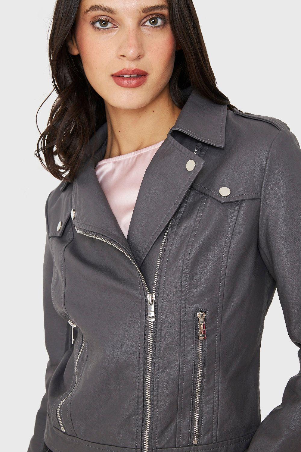 Chaqueta Biker Ecocuero Corta Gris Nicopoly-5