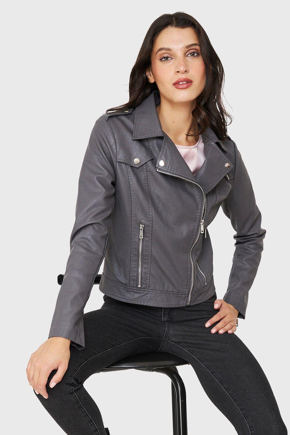 Chaqueta Biker Ecocuero Corta Gris Nicopoly-0