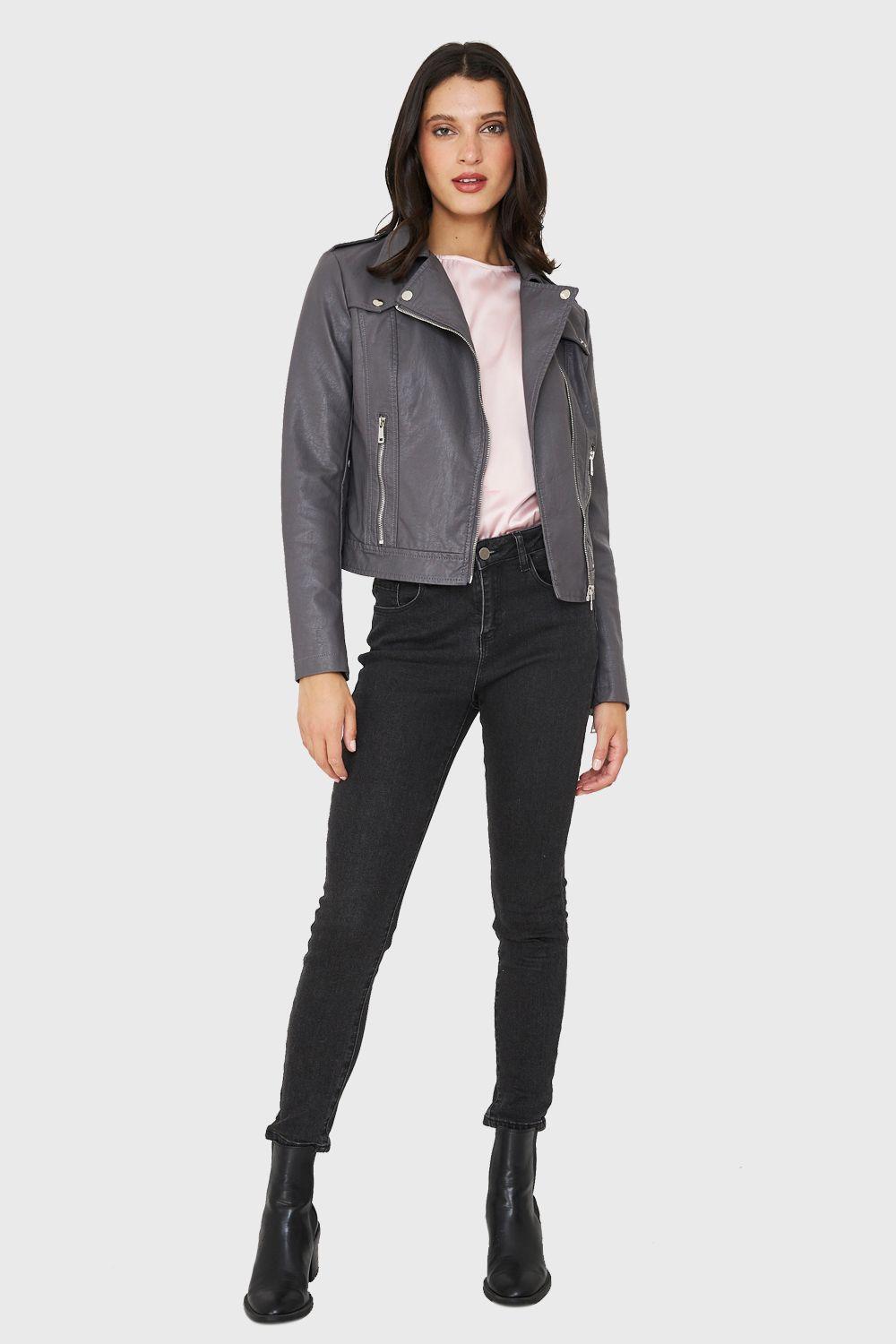 Chaqueta Biker Ecocuero Corta Gris Nicopoly-1