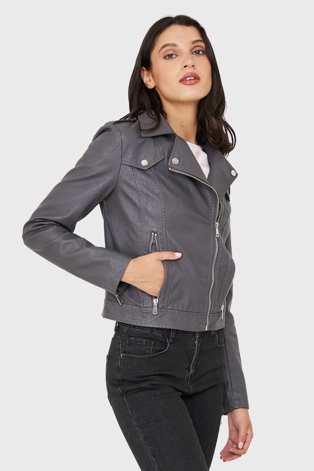 Chaqueta Biker Ecocuero Corta Gris Nicopoly-2