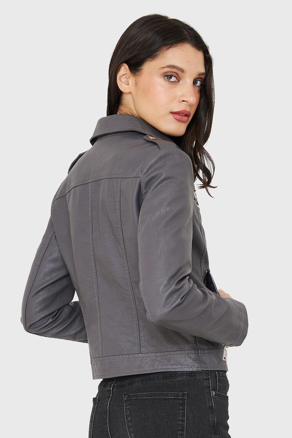 Chaqueta Biker Ecocuero Corta Gris Nicopoly-3