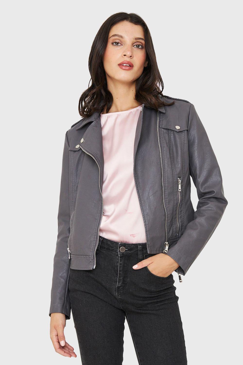 Chaqueta Biker Ecocuero Corta Gris Nicopoly-4