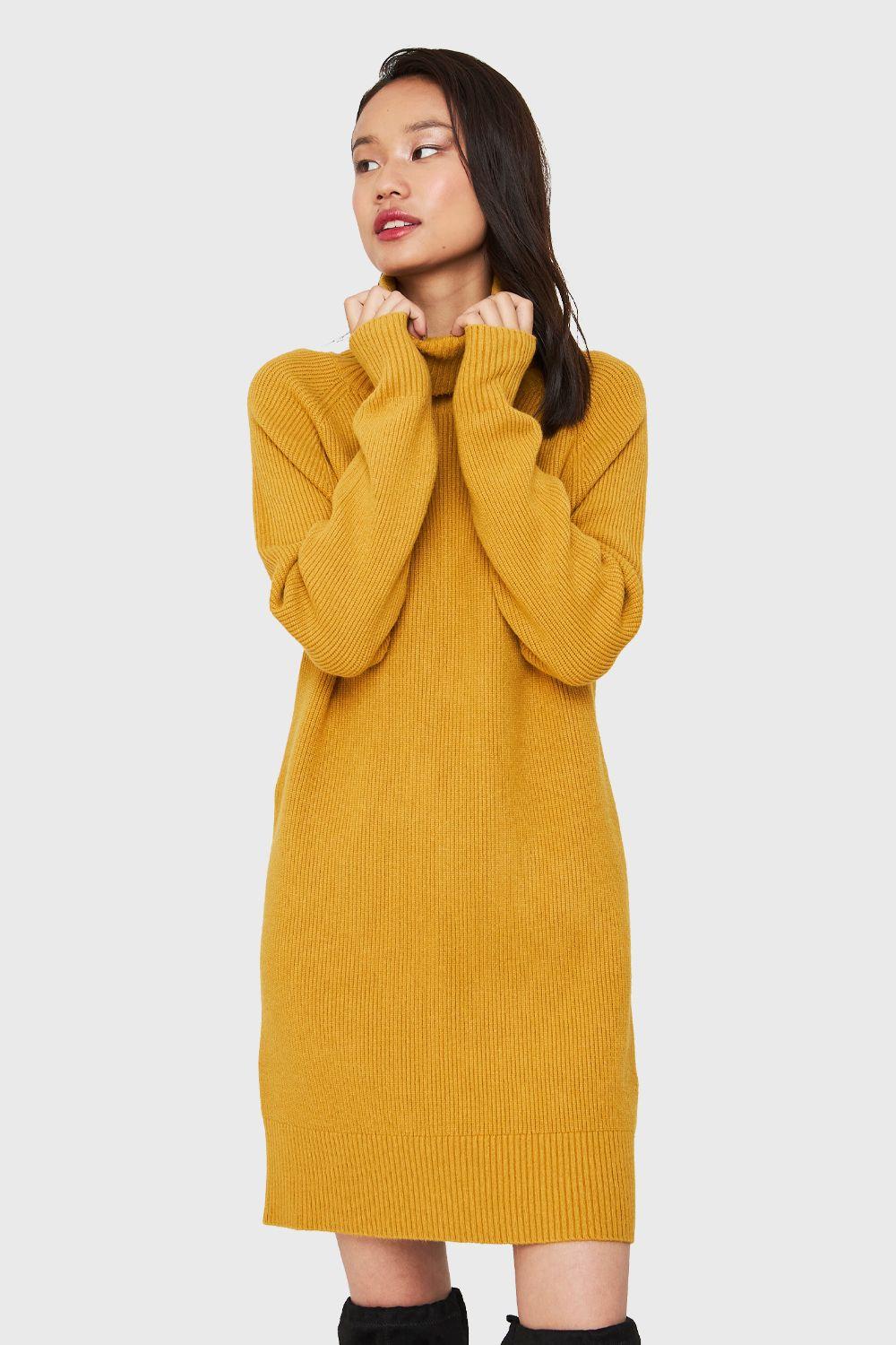 Sweater Vestido Acanalado Cuello Alto Mostaza Nicopoly-0