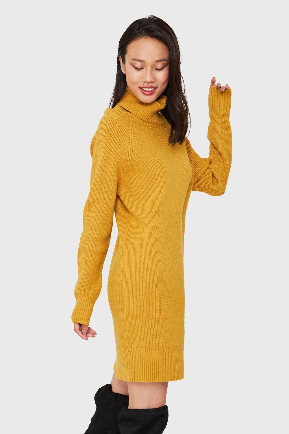 Sweater Vestido Acanalado Cuello Alto Mostaza Nicopoly-2