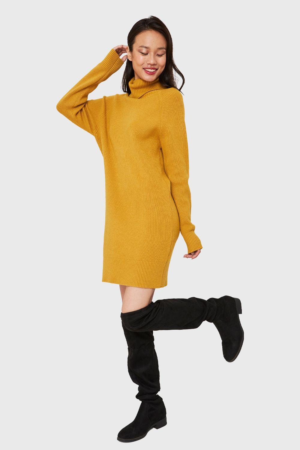 Sweater Vestido Acanalado Cuello Alto Mostaza Nicopoly-1