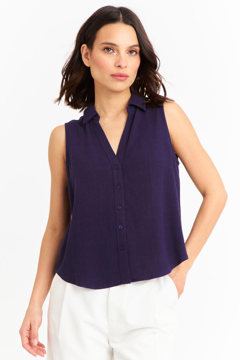 Camisa Sin Mangas Tipo Lino Azul Marino Nicopoly-0