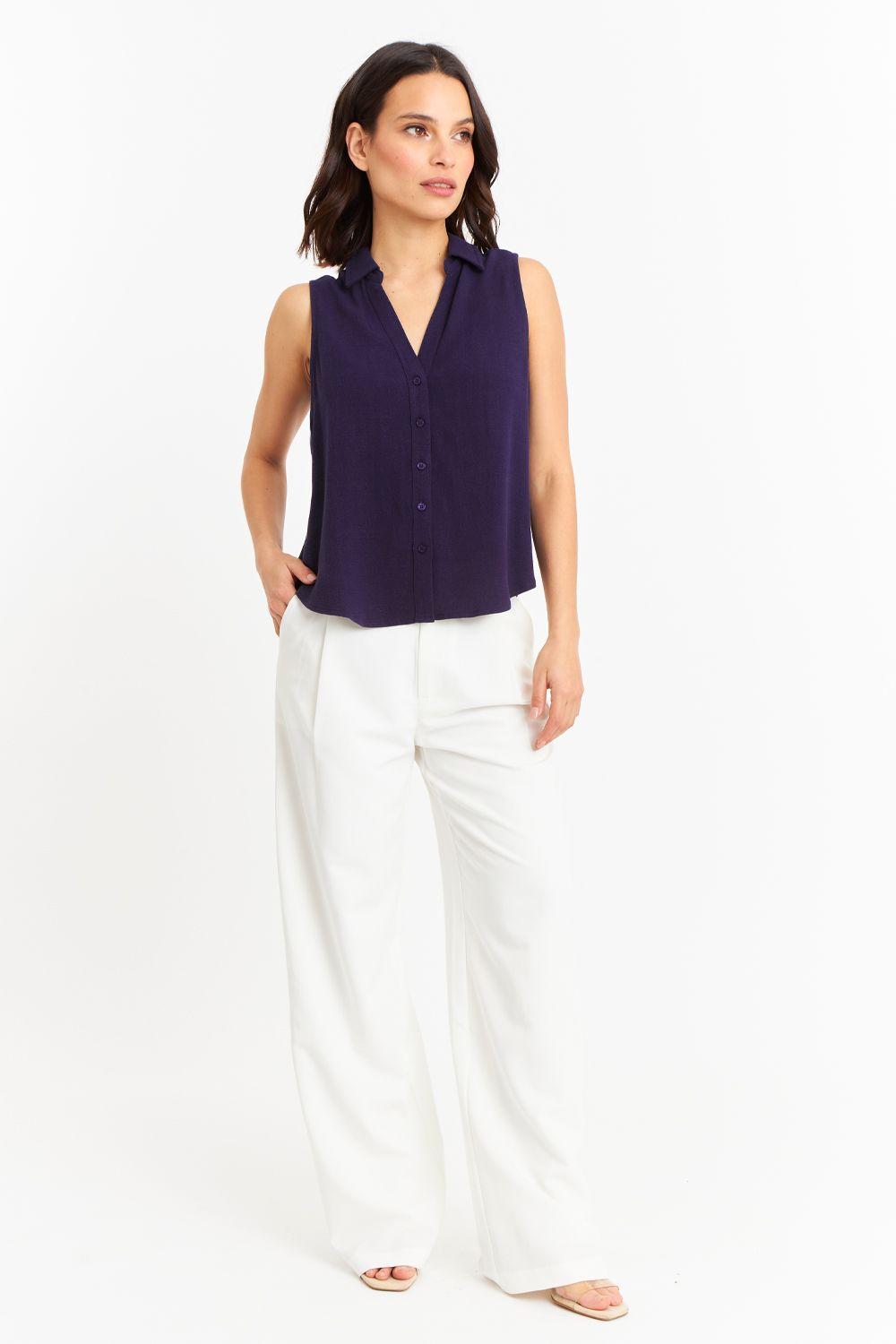 Camisa Sin Mangas Tipo Lino Azul Marino Nicopoly-1