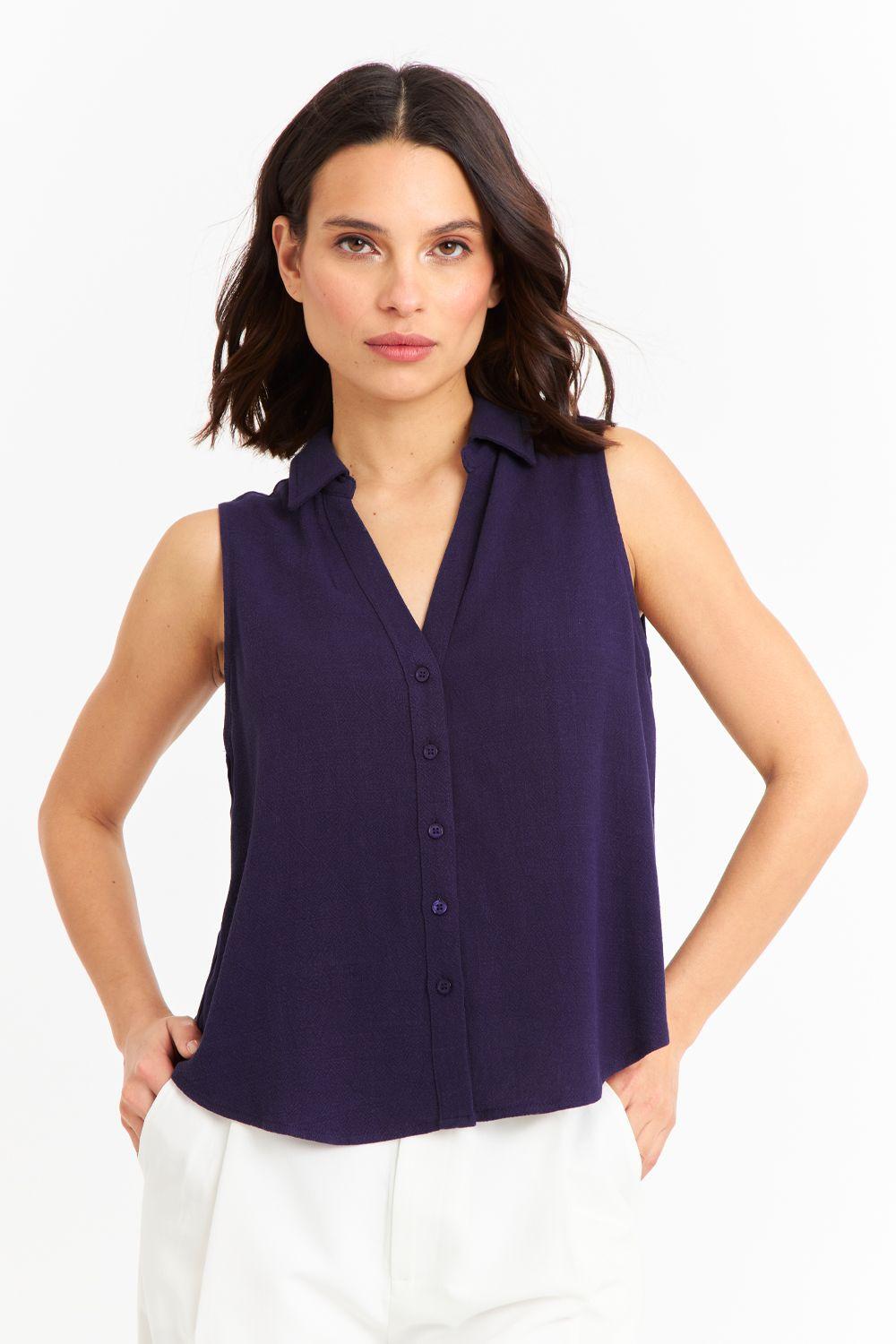 Camisa Sin Mangas Tipo Lino Azul Marino Nicopoly-4