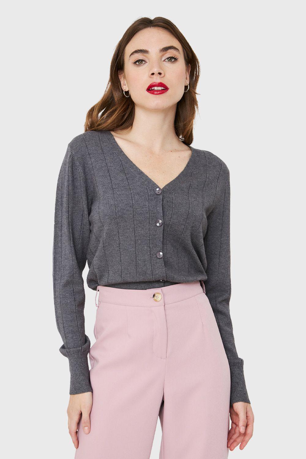 Cárdigan Acanalado Botones Gris Nicopoly-0