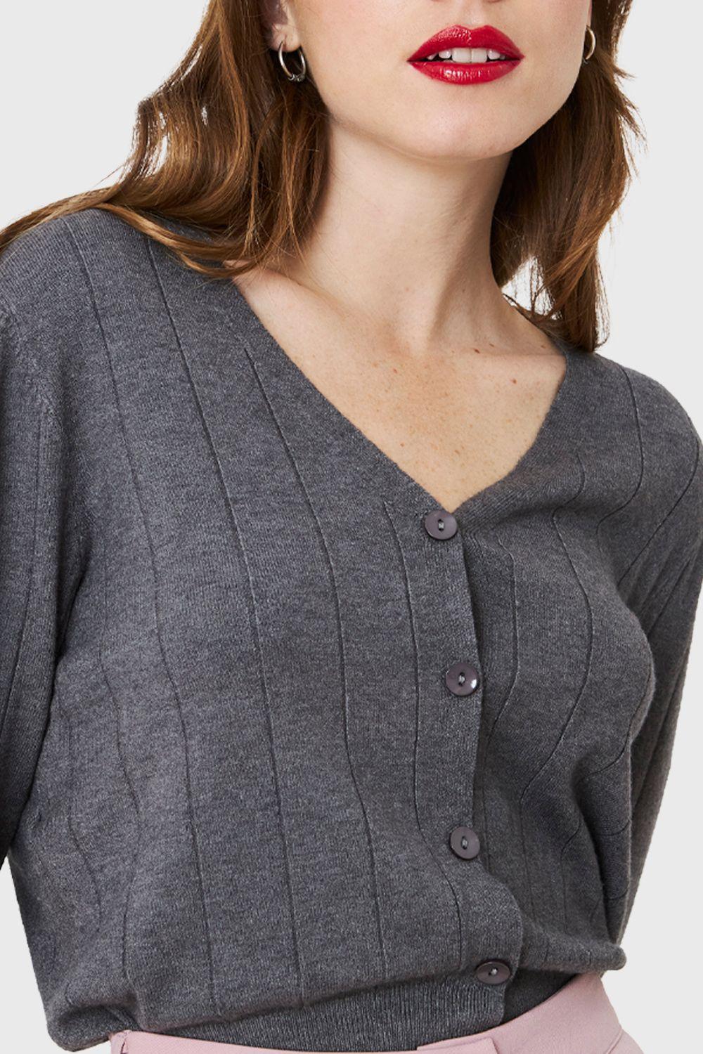 Cárdigan Acanalado Botones Gris Nicopoly-5