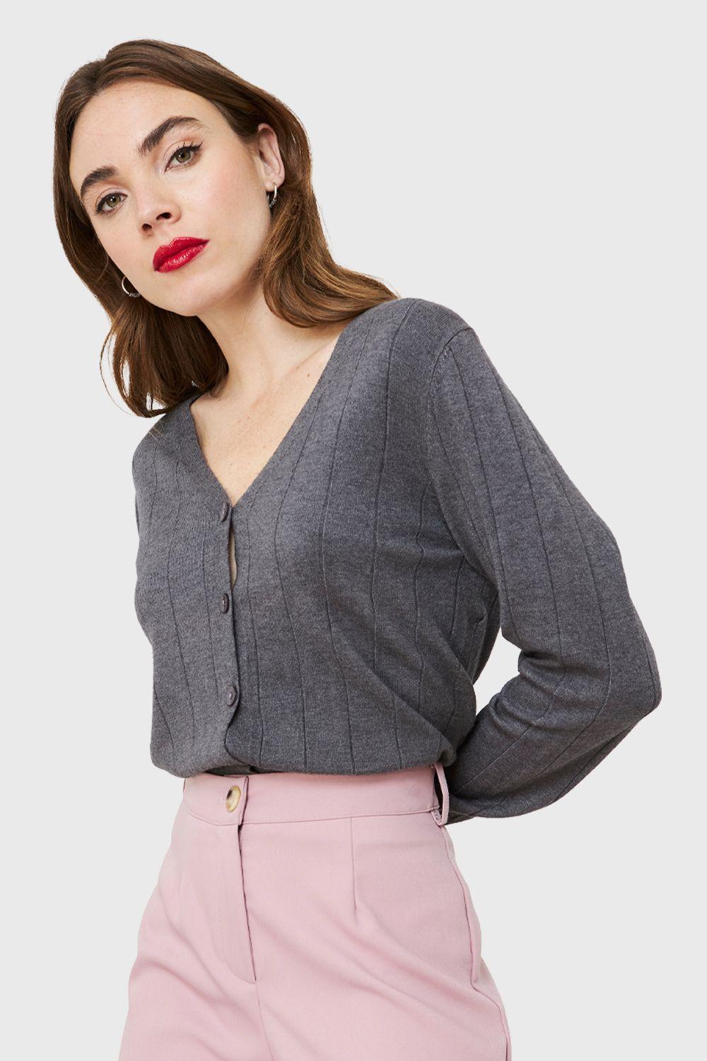 Cárdigan Acanalado Botones Gris Nicopoly-4