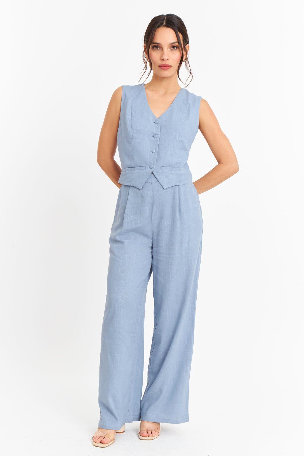 Pantalón Mezcla Lino Celeste Nicopoly-1