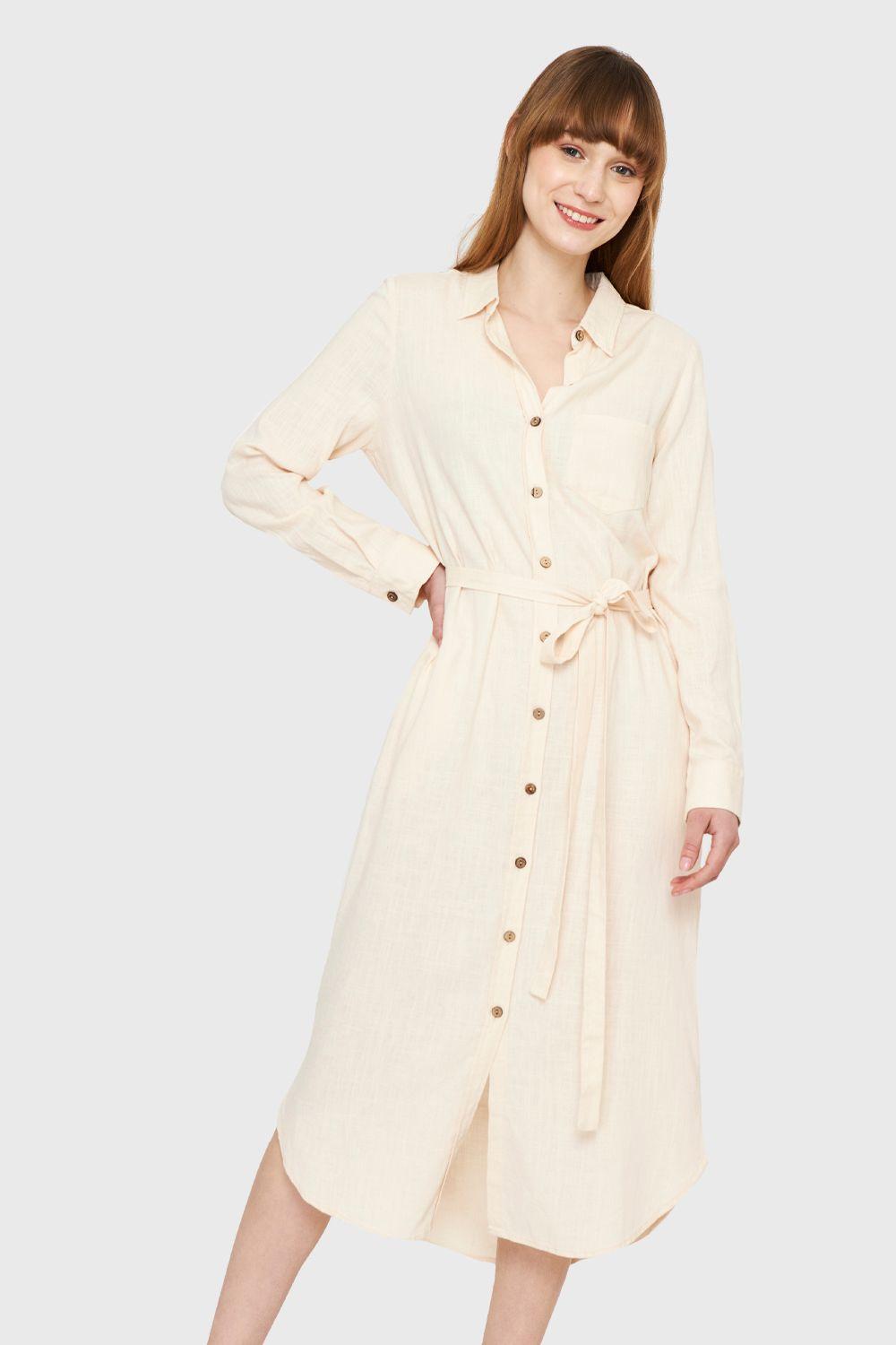 Vestido Camisero Largo Beige Nicopoly-0