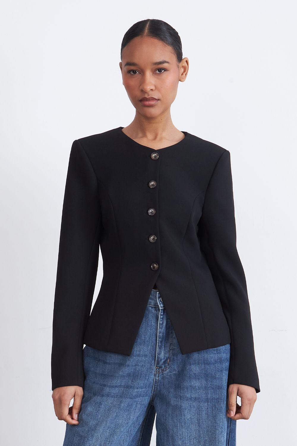 Blazer Peplum Botones Negro Nicopoly-4