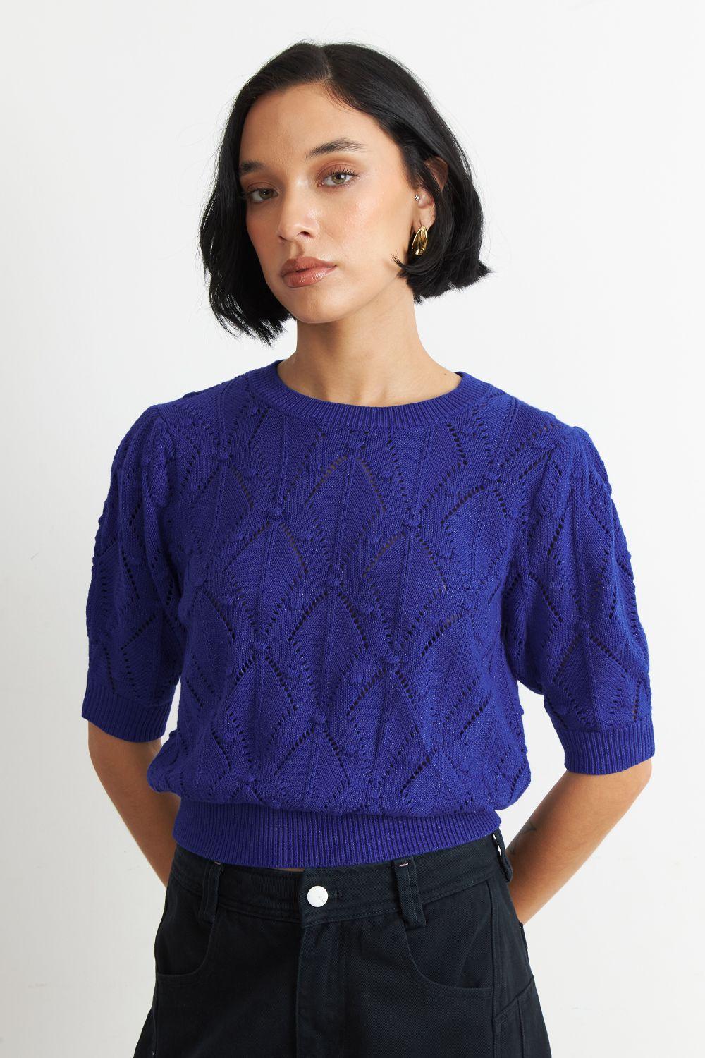 Polera Manga Corta de Hilo Azul Eléctrico Nicopoly-2