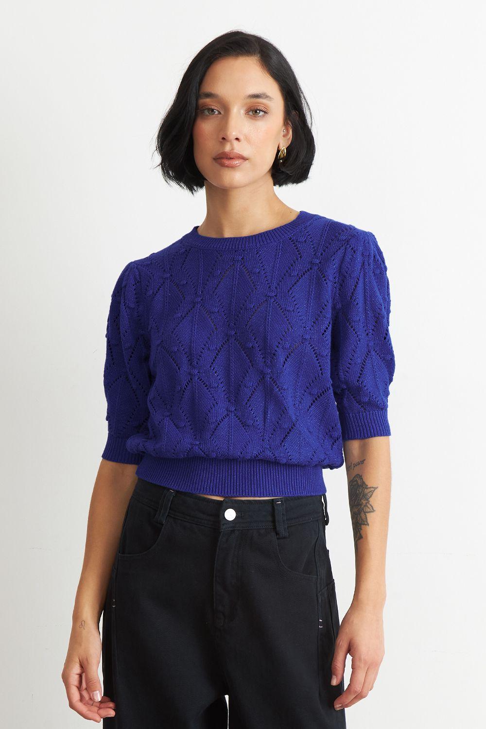 Polera Manga Corta de Hilo Azul Eléctrico Nicopoly-4