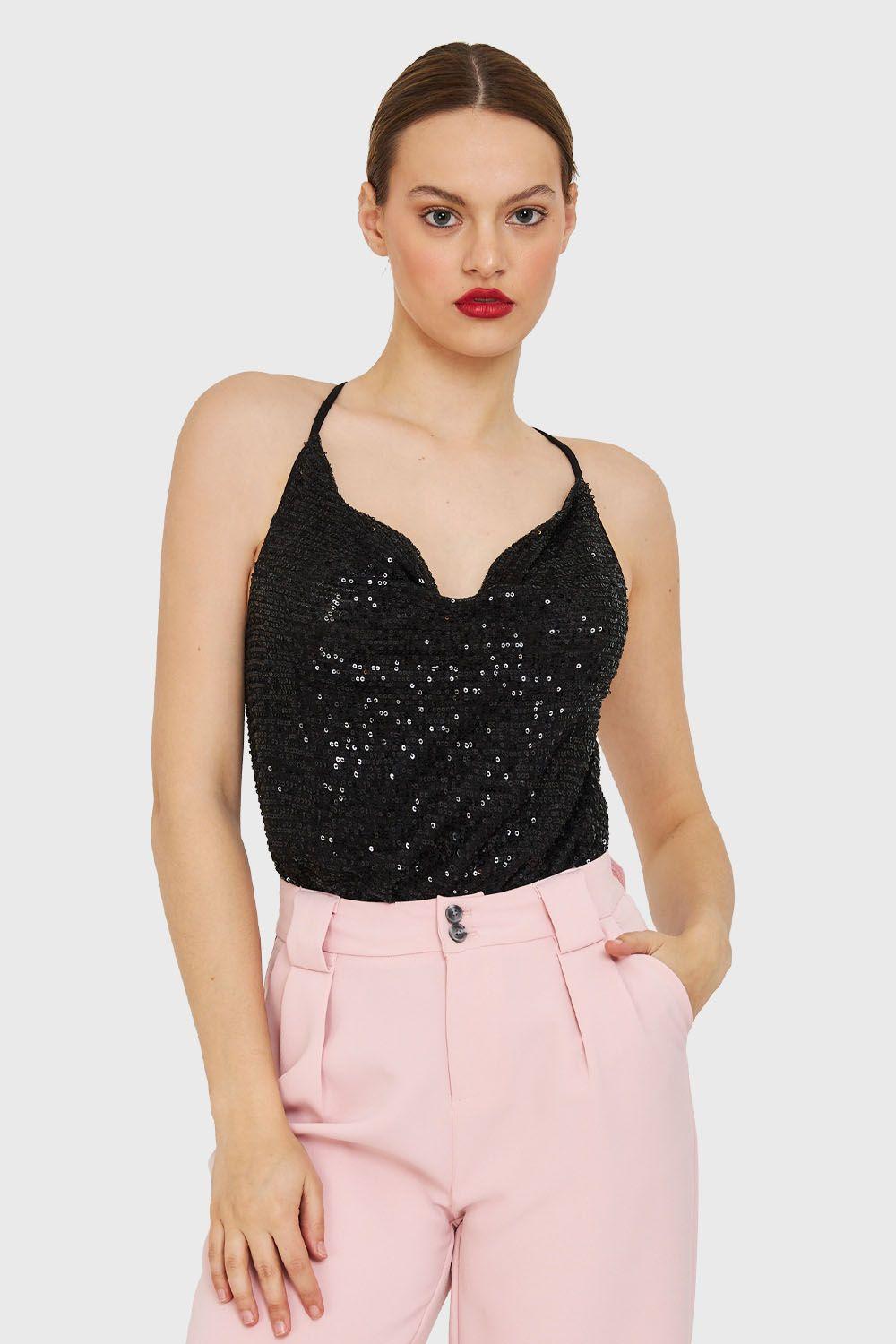 Body Escote Drapeado Lentejuelas Negro Nicopoly-0