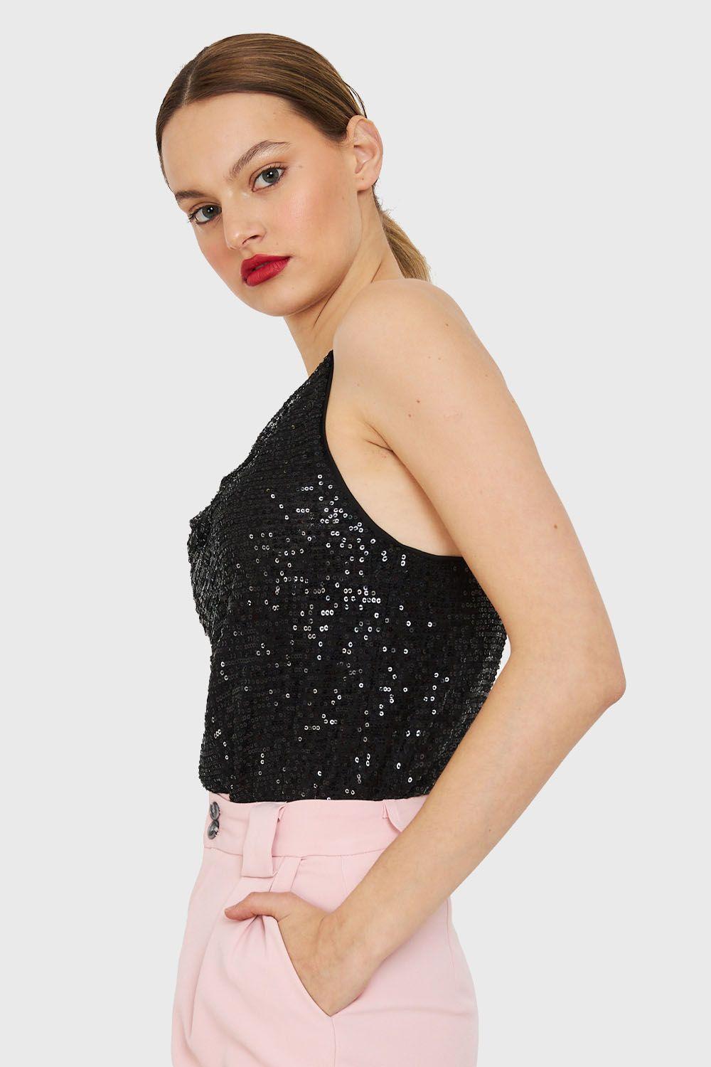 Body Escote Drapeado Lentejuelas Negro Nicopoly-2