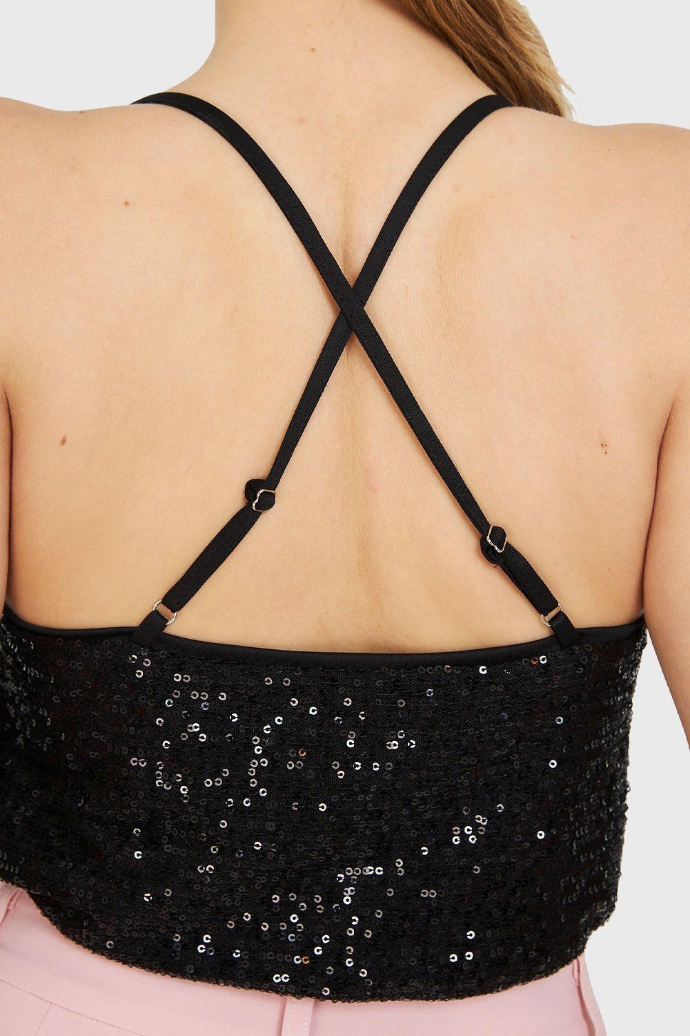 Body Escote Drapeado Lentejuelas Negro Nicopoly-5