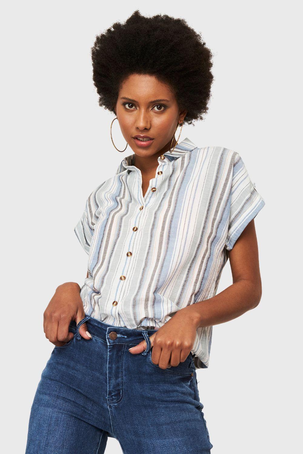 Camisa Corta Rayas Celeste Nicopoly-0