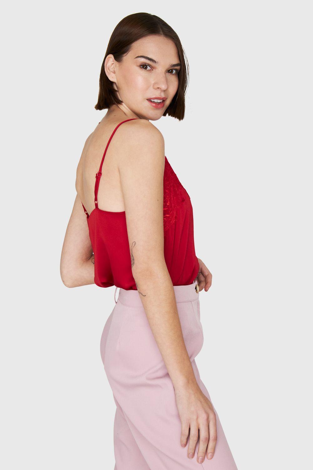 Top Tipo Satín Encaje Rojo Nicopoly-2