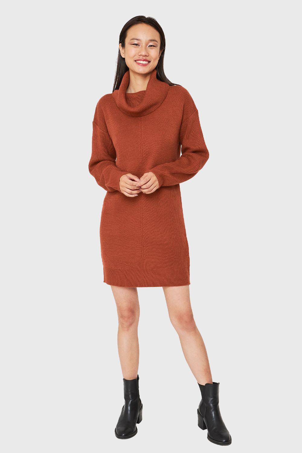 Sweater Vestido Cuello Alto Café Nicopoly-1