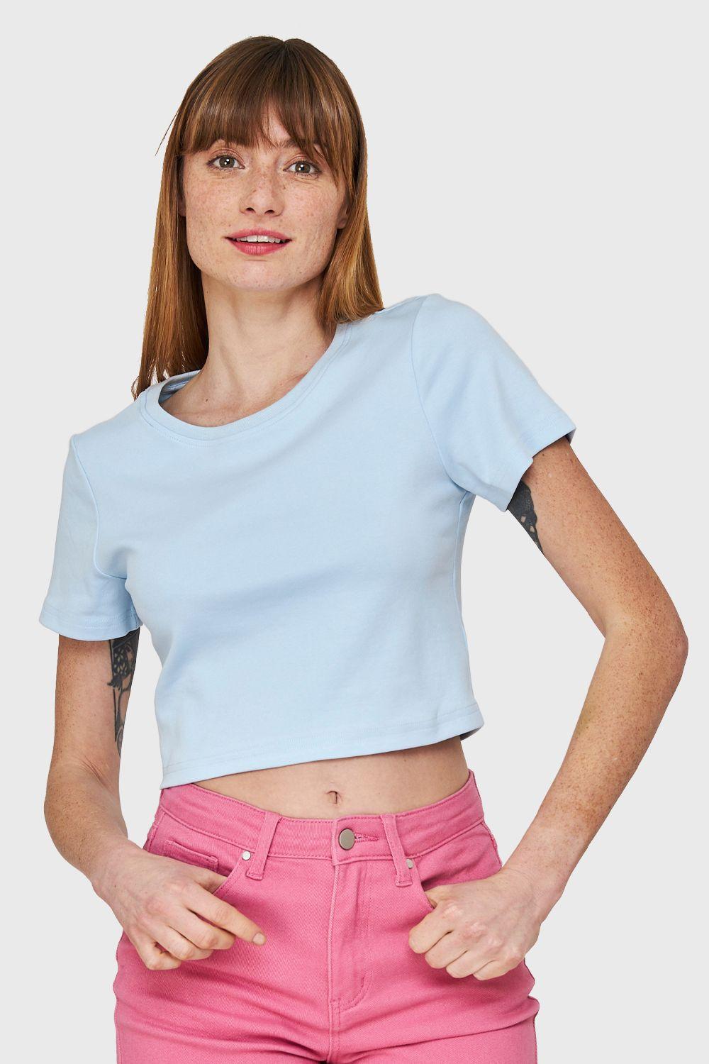 Polera Crop Básica Manga Corta Celeste Nicopoly-4