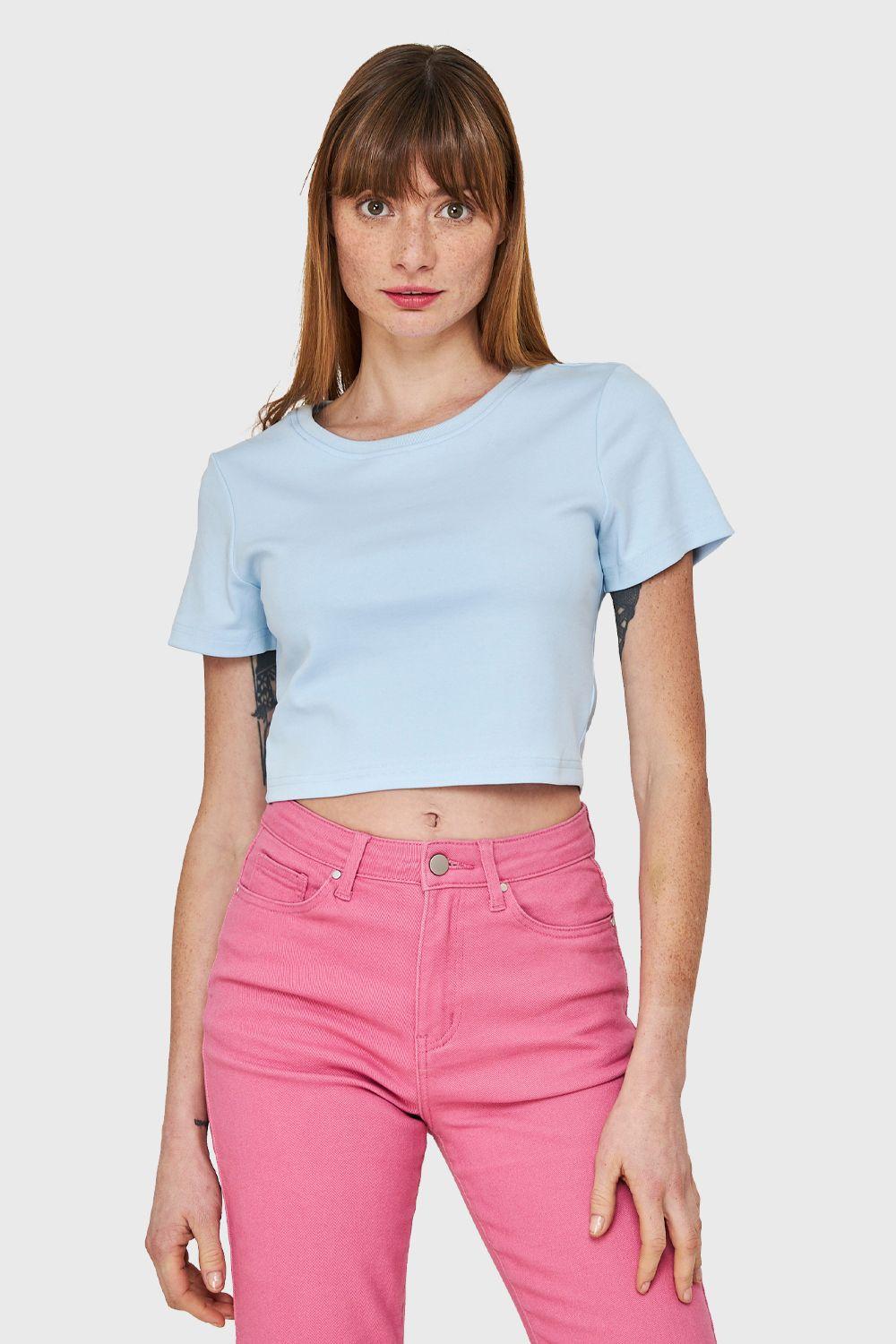 Polera Crop Básica Manga Corta Celeste Nicopoly-0