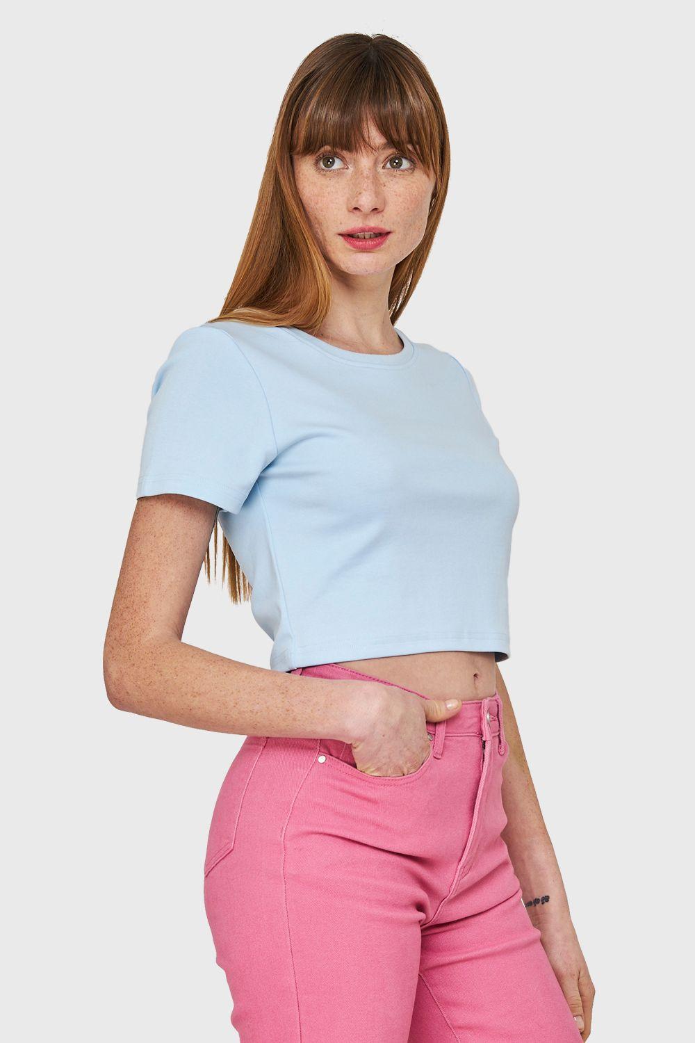 Polera Crop Básica Manga Corta Celeste Nicopoly-2